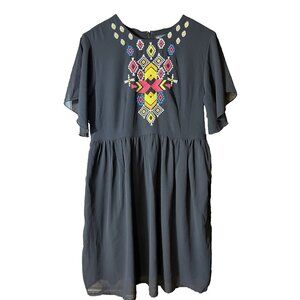 Merigold Kiss Dress Embroidered Aztec Women's Medium Flutter Sleeve Boho Artsy
